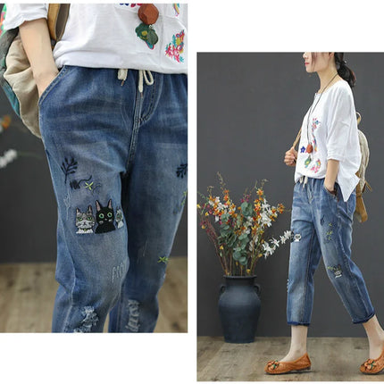 Amax luluE 2025 Moda Estate Streetwear Pantaloni in denim Donna Vintage Jeans elastici Donna Casual Allentato Ricamo Pantaloni Harem
