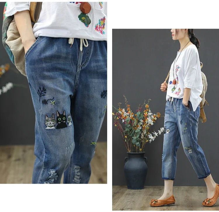 Amax luluE 2025 Moda Estate Streetwear Pantaloni in denim Donna Vintage Jeans elastici Donna Casual Allentato Ricamo Pantaloni Harem