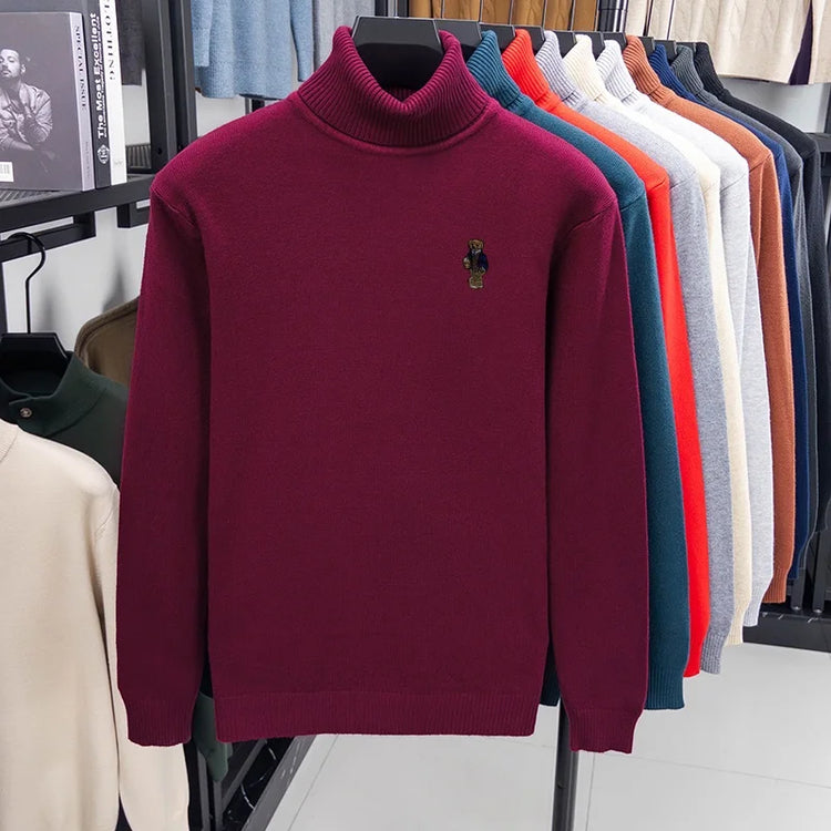 High-End Man Spring Long-Sleeved Knitwear Bear Print High Neck Hot Pullover Versatile Trend Leisure Warm Sweater Men's Clothing