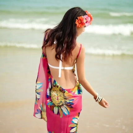 Copricostumi stampati Abito da spiaggia sexy Donna Halter Sling Chiffon Asciugamano da spiaggia Bikini Wrap Pareo Gonne Costumi da bagno aperti sul retro platinumshop