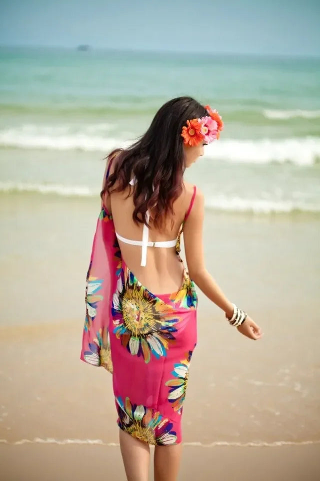 Copricostumi stampati Abito da spiaggia sexy Donna Halter Sling Chiffon Asciugamano da spiaggia Bikini Wrap Pareo Gonne Costumi da bagno aperti sul retro platinumshop