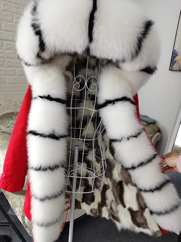 Winter Long Jacket Real Fur Coat Women Clothes Large Silver Fox Fur Collar Detachable Natural Fox Lining Parkas Leather Fur