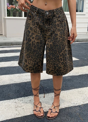 Pantaloncini Bermuda in Denim Vintage con Stampa Leopardata da Donna, a Vita Alta, Gamba Larga, Casual Estivi, Streetwear, Moda Quotidiana
