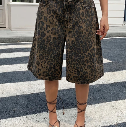 Pantaloncini Bermuda in Denim Vintage con Stampa Leopardata da Donna, a Vita Alta, Gamba Larga, Casual Estivi, Streetwear, Moda Quotidiana