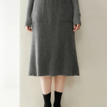 2025 Quality Woman 100% Cashmere Knitwear Thick Basic Skirts Autumn Winter Sexy Long A-Line Drawstring Vertical Stripe  Clothing PlatiNum