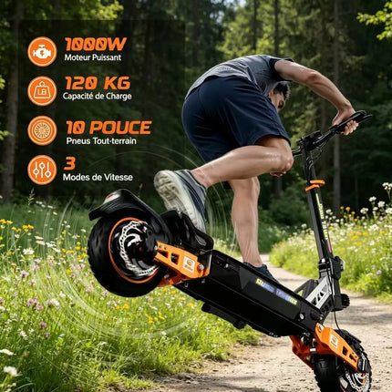 Monopattino Elettrico T2 Max 1000W, Batteria 48V 20.8Ah, Autonomia 55km, Pieghevole, Pneumatici All-Terrain da 10 Pollici, Freni a Disco