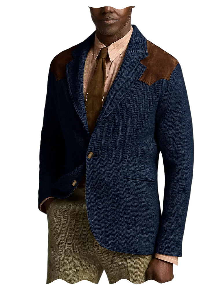 Herringbone Tweed Men's Blazer Jacket Wool Blend Suede Patch Shoulder Men's Sport Coat Business Casual Slim Fit For Oktoberfest