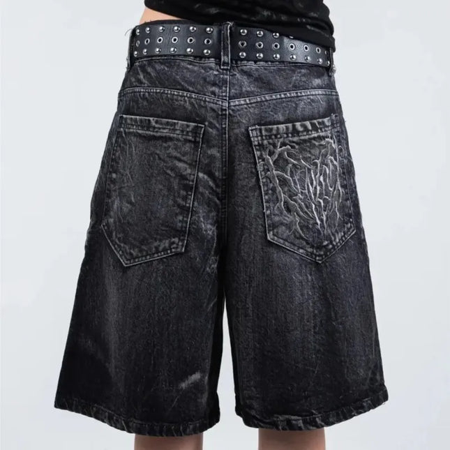 Unisex Loose Retro Y2K Gothic Shorts, Phantom Jeans with Spider Embroidery, Hip Hop Streetwear