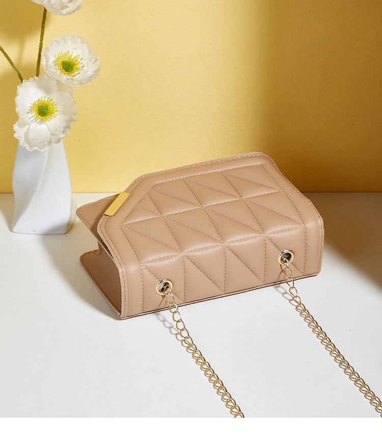 Trendy Embroidered Square Bag  - Diamond Pattern Shoulder Purse with Chain Strap & Magnetic Closure PlatiNum