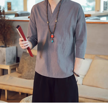 Kimono estivo stile giapponese manica corta uomo nuovo cotone a mezza manica lino traspirante abbigliamento uomo t-shirt giapponese Yukata top