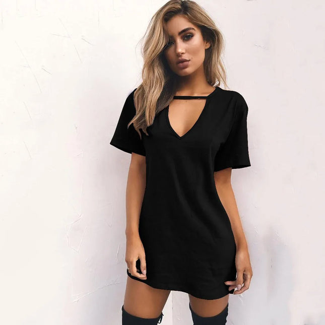 Sexy Summer Dress Deep V Neck Pleated Women Dress Hollow Out Solid Color Hanging Neck White Mini Dress