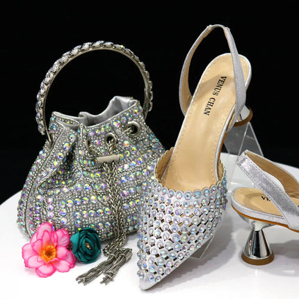 Venus Chan Pointed Toe Heels for Women 2023 Elegant Party Wine Color Full Diamond Pumps Italian Shoes and Bags Matching Set PlatiNum