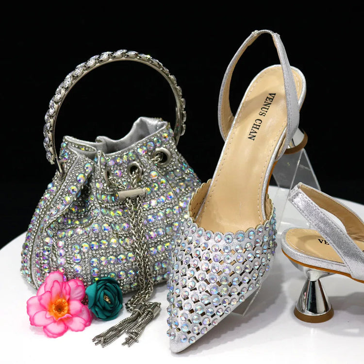 Venus Chan Pointed Toe Heels for Women 2023 Elegant Party Wine Color Full Diamond Pumps Italian Shoes and Bags Matching Set PlatiNum