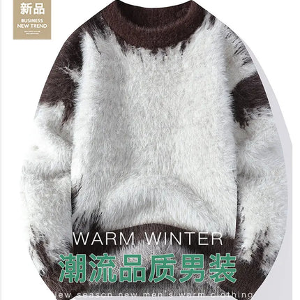 Autumn Winter Men's Casual Warm Fake mink fur Retro Knitted Sweater Round Neck Knitting Pullover Sweater