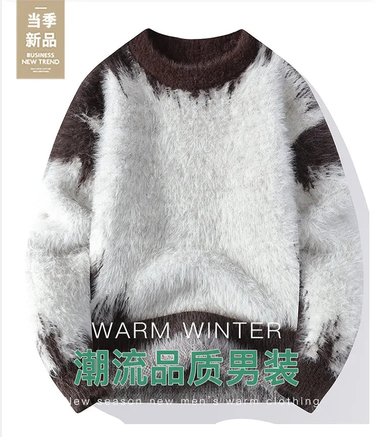 Autumn Winter Men's Casual Warm Fake mink fur Retro Knitted Sweater Round Neck Knitting Pullover Sweater