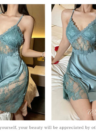 2025 nuova camicia da notte sexy canotta da donna in pizzo indumenti da notte per la casa in raso co