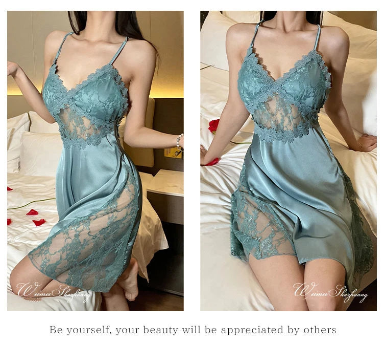 2025 nuova camicia da notte sexy canotta da donna in pizzo indumenti da notte per la casa in raso co