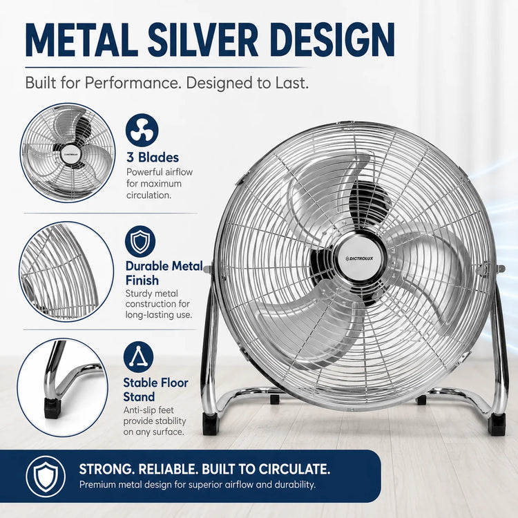 DICTROLUX Ventilatore da Pavimento in Metallo 51cm, 120W, 3 Velocità, 90° di Rotazione °   Inclinazione Regolabile 91m³/min 220-240V