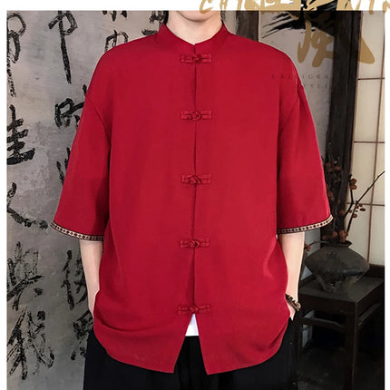 Camicie retrò da uomo, estive, eleganti, larghe, casual, leggere, sottili, traspiranti, in stile cinese, vintage, con calligrafia tradizionale.