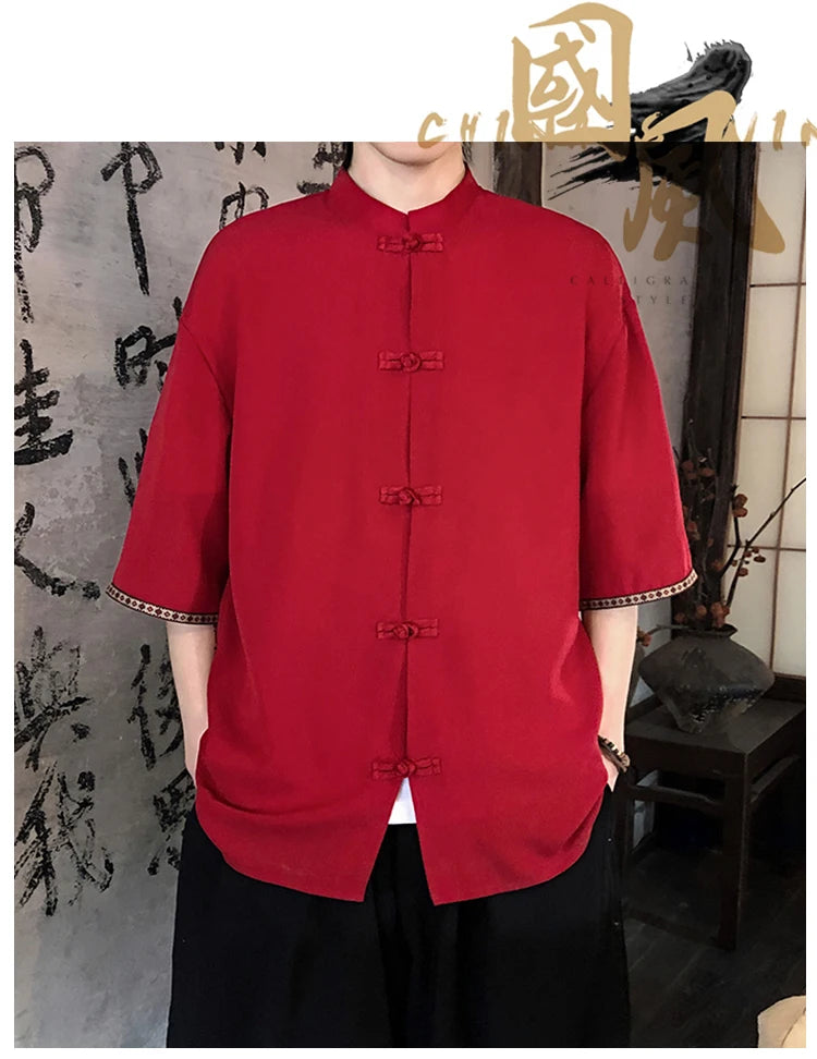 Camicie retrò da uomo, estive, eleganti, larghe, casual, leggere, sottili, traspiranti, in stile cinese, vintage, con calligrafia tradizionale.
