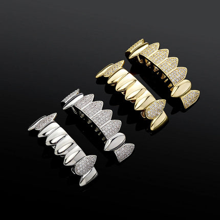 Hip Hop Full CZ Stone Teeth Grillz Caps Cubic Zircon Iced Out Micro Pave Top&Bottom Charm Grills for Men Women Punk Jewelry PlatiNum