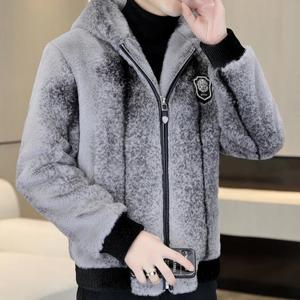 Autumn Winter Faux Fur Hooded Jacket Men Fashion Social Faux Mink Fur Casual Business Jacket Thick Warm Outdoor Windproof Coat