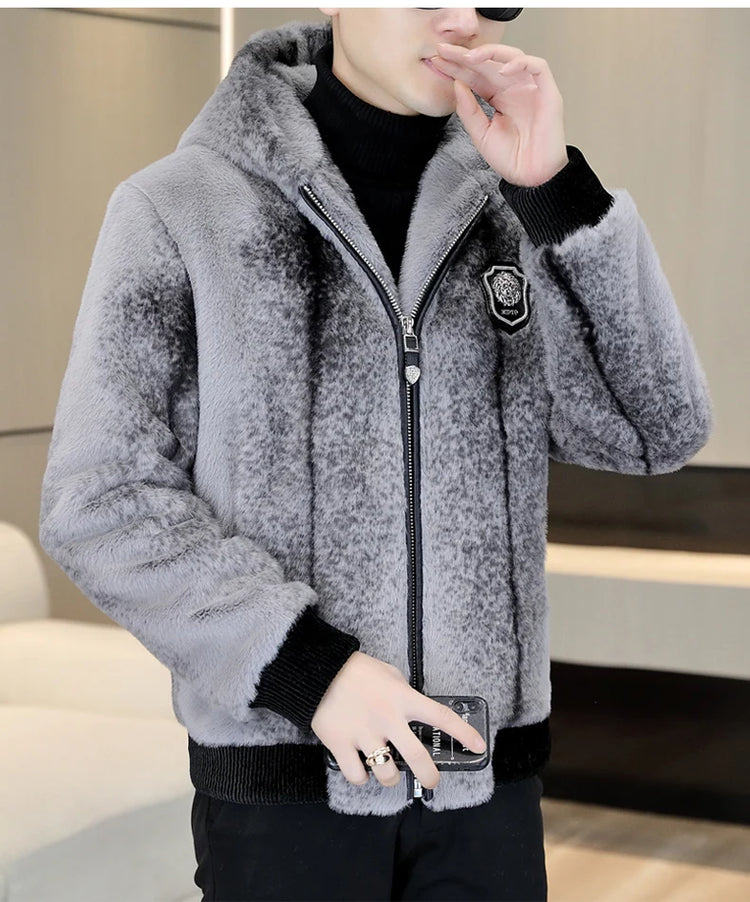 Autumn Winter Faux Fur Hooded Jacket Men Fashion Social Faux Mink Fur Casual Business Jacket Thick Warm Outdoor Windproof Coat