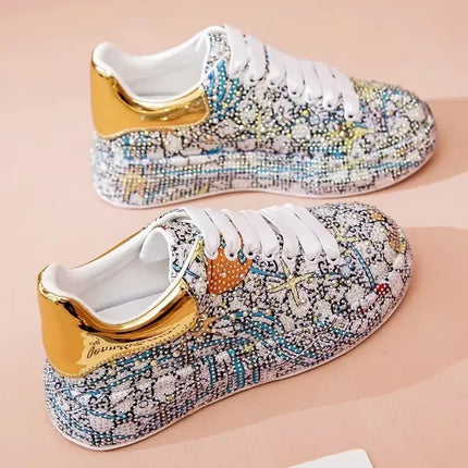 SyfIyno Spring Black Women Shoes New Style Fashion Platform Shoes Platforms Sneakers Shine Bling Graffiti Rhinestone Shoes