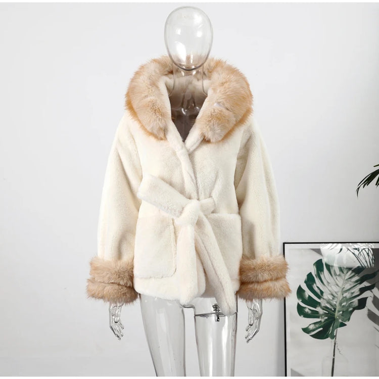 Cotton Lined Furry Fur Collar Belts Jacket Women Fashion Long Sleeve Thicken Warm Female Coat 2025 Winter Street Casual Outwear