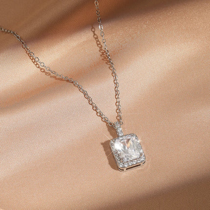 ZAKOL Simple Geometric Crystal White Zircon Pendant Necklace For Women Silver-Color Wedding Party Jewelry Gift With Box PlatiNum