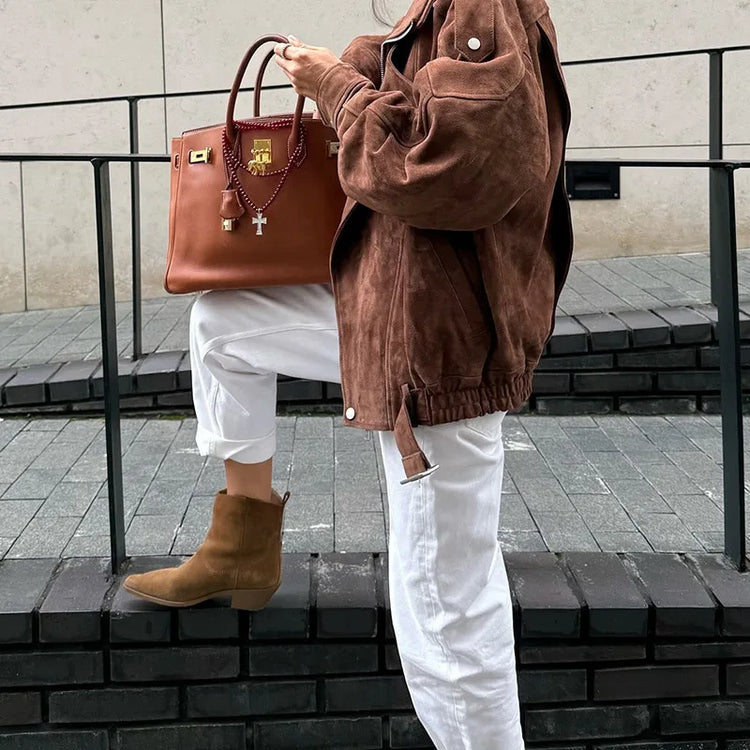 Women's Belt Short Suede Jackets Loose Lapel Long Sleeve Zipper Coats 2025 Spring Lady Vintage Female Outwear Street