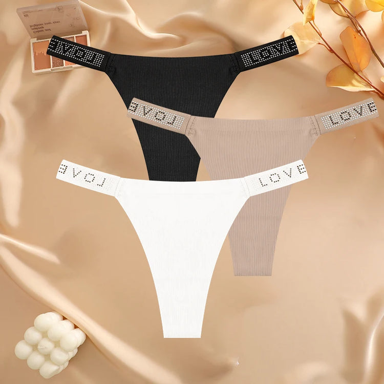3Pcs/Set Seamless Low Waist Sexy Panties Women Thongs Rhinestones Letter Diamonds G-string Sports Thong Shorts Briefs T-back