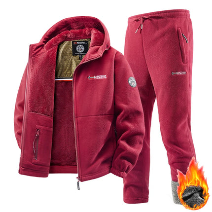 2025 New Winter Sportswear Set Mens Retro Training Thick Fleece Jacket + Pants Two Piece Set Casual Ski Running Tracksuit Suit