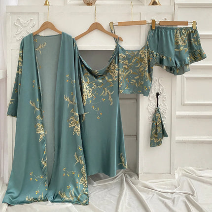 4PC Abito di seta Abito da notte Pigiama di raso di pizzo da donna Abito con scollo a V Cami Camicie da notte Indossare Pijama Home Nightwear Camicia da notte primaverile