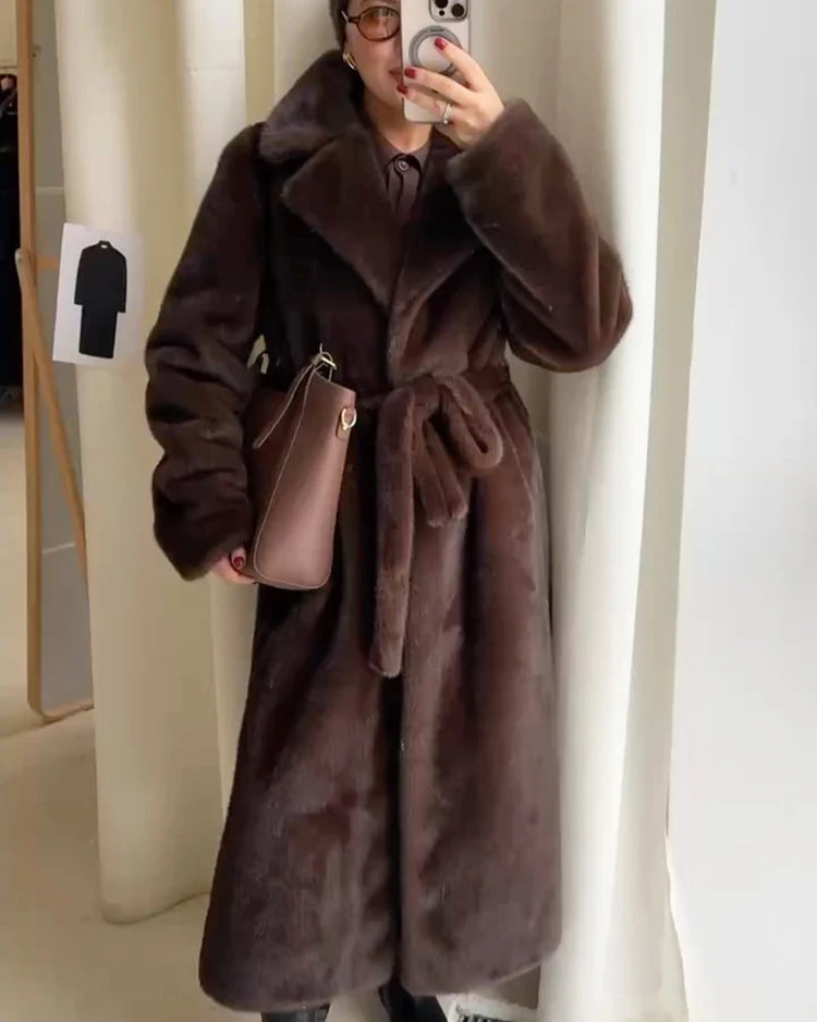 ZADORIN 110cm Long Lapel Belted Brown Faux Fur Coat Woman Elegant Mink Fur Faux Coat Fluffy Fur Jackets for Woman Winter Clothes
