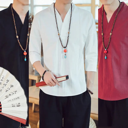 Kimono da uomo in stile giapponese corto a mezza manica in cotone traspirante camicia da uomo T-shirt giapponese estiva Yukata cardigan lavorato a maglia con piume