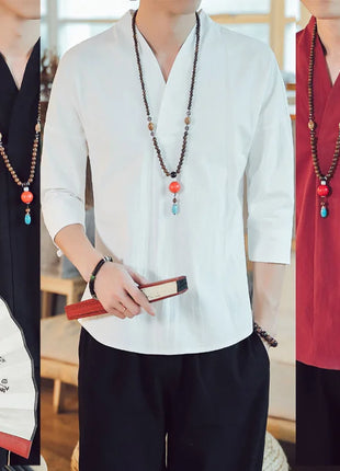 Kimono estivo stile giapponese manica corta uomo nuovo cotone a mezza manica lino traspirante abbigliamento uomo t-shirt giapponese Yukata top