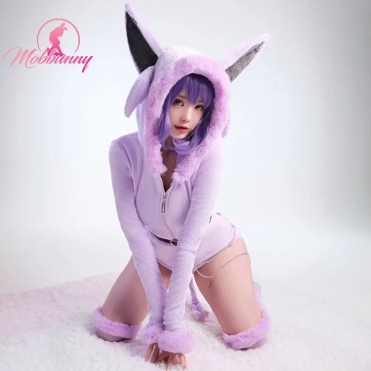 MOBBUNNY Espeon Cosplay Costume Women Hooded Bodysuit Tail Socks Suit Cute Cartoon Flannel Pajamas Bunny Girl Plush Jumpsuit