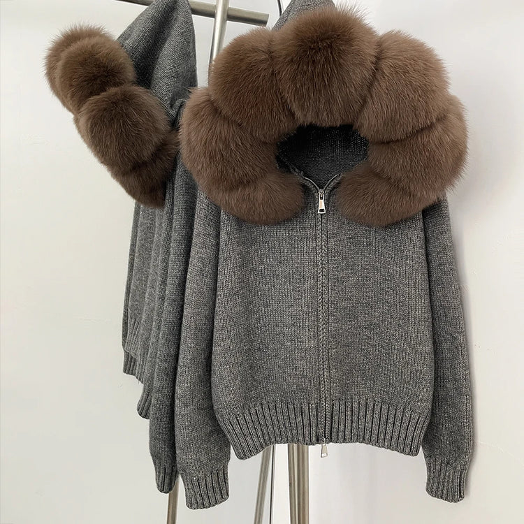 OFTBUY Real Fox Fur Kintwear Women New Spring Autumn Hooded Sweater Female Loose Zipper Kintted Jacket Oversized Cardigan