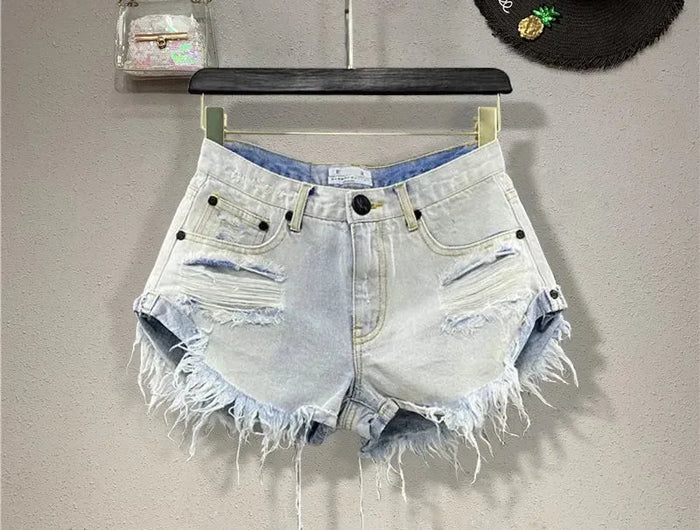 Shorts in denim da donna a vita alta, strappati, con orlo grezzo e sfilacciato, casual, hot pants
