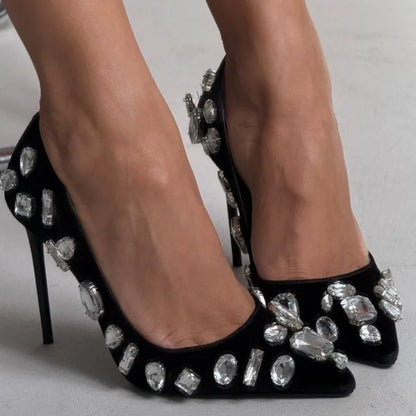 Autumn new pointed toe shallow silk rhinestone single shoes banquet dress large size thin heel high heel customized women's shoe