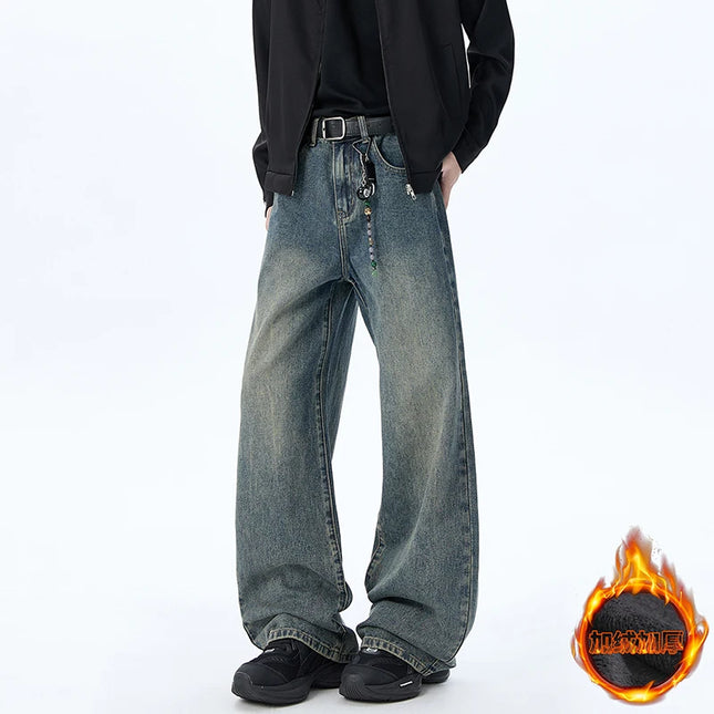 LUZHEN 2026 Winter Trendy High Quality Fleece Liner Warm Straight Tube Jeans Men's Stylish Handsome Vintage Denim Pants JY9259