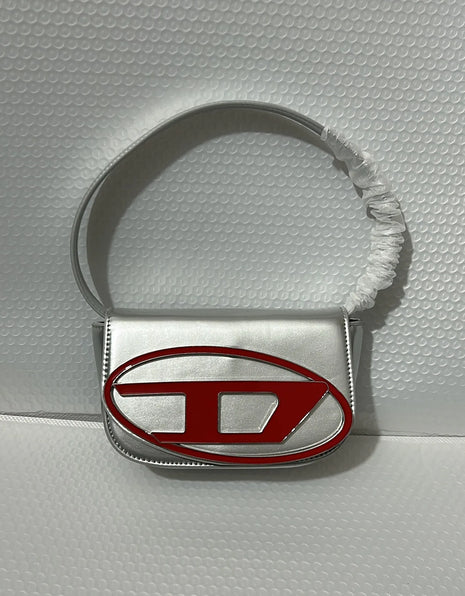 Borsa a Tracolla in Pelle PU Effetto Specchio Argento Lucido con Decorazione Ovale in Rilievo, Tracolla Staccabile, Mini Borsetta Futuristica da Donna