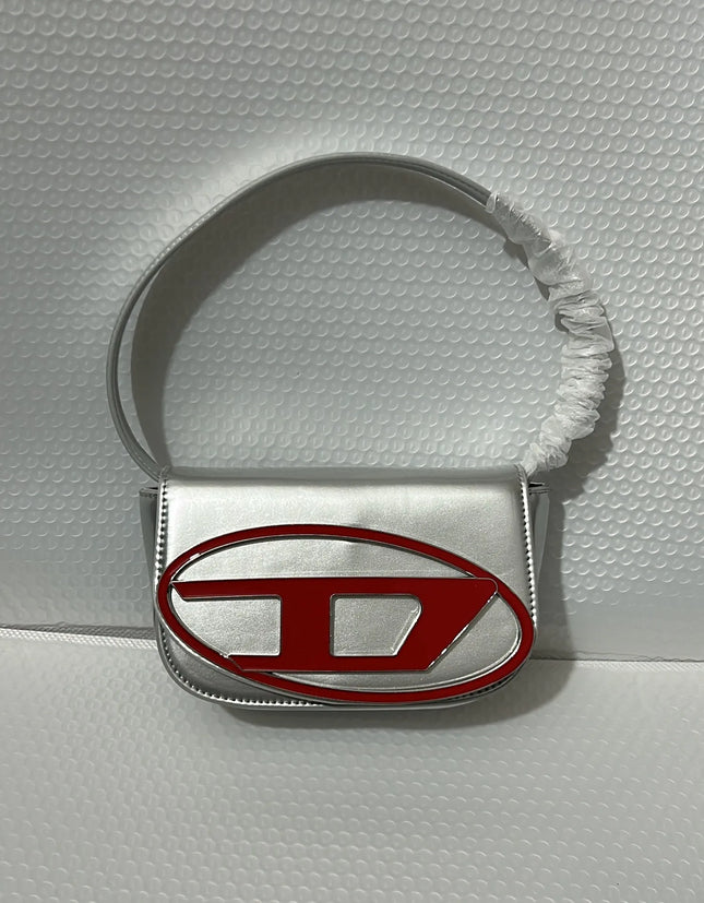 Borsa a Tracolla in Pelle PU Effetto Specchio Argento Lucido con Decorazione Ovale in Rilievo, Tracolla Staccabile, Mini Borsetta Futuristica da Donna