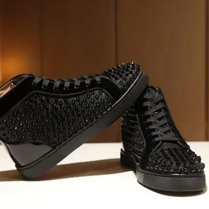 Black Studded Leather Rivets High-Top Sneakers Classic Designer Style Round Toe Men's Sports Shoes Comfort Lace-Up Casual Shoes