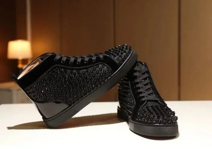 Black Studded Leather Rivets High-Top Sneakers Classic Designer Style Round Toe Men's Sports Shoes Comfort Lace-Up Casual Shoes