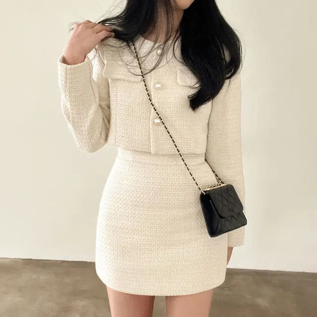 Women Tweed 2 Two Piece Sets Long Sleeve Pearl Buttons Short Jacket and A-line Mini Skirt Set Fall Winter Women Outfits