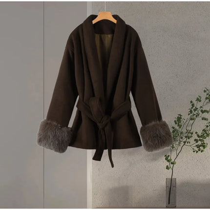 Elegant Women's Lace Up Woolen Coats Solid Full Sleeve Turn-down Collar Loose Lady Coats 2026 Autumn Winter Female Streetwear