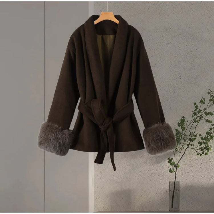 Elegant Women's Lace Up Woolen Coats Solid Full Sleeve Turn-down Collar Loose Lady Coats 2026 Autumn Winter Female Streetwear