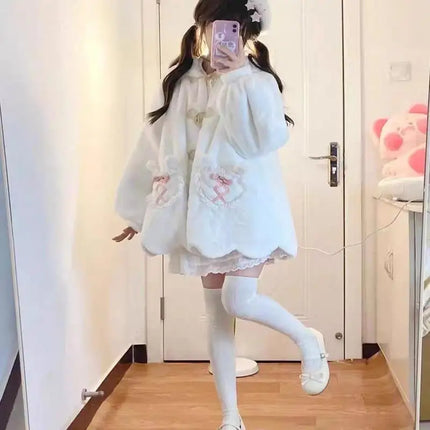 Kawaii Winter Clothes Cute Coats Women Rabbit Cosplay Costume Ears Hooded Lamb Wool Lolita Outwear Y2K Thicked Cartoon Jackets